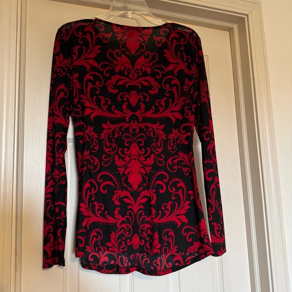 INC International Concepts Black & Red Long-Sleeve Draped Front Top - Picture 2 of 7